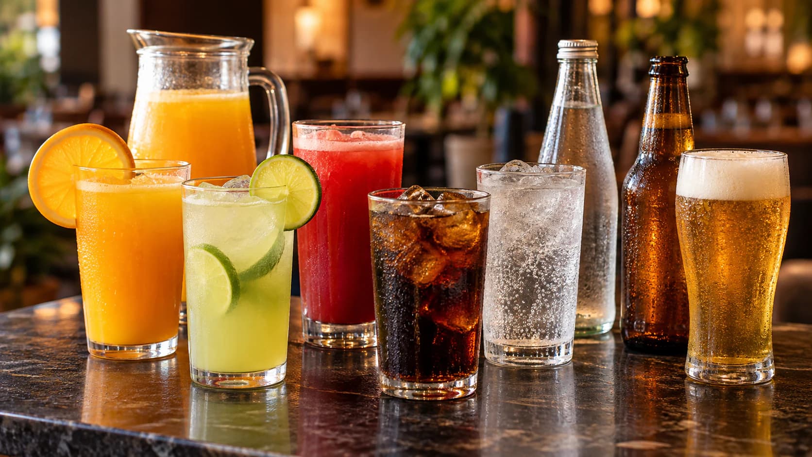 Seleção de sucos, água, refrigerante e cerveja no Paladar